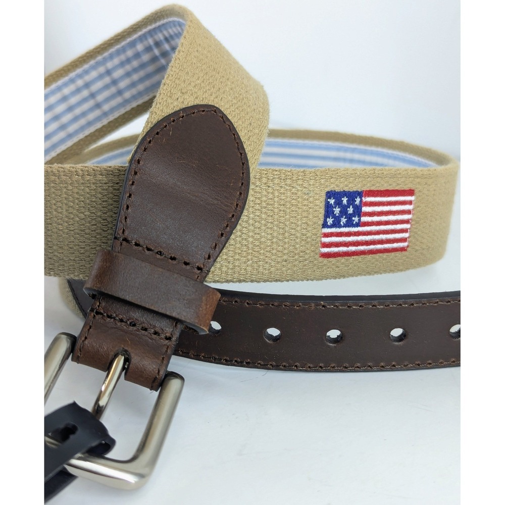 Walter Hagen Mens Khaki Canvas Belt USA Flag Leather Tabs Brown Large 38 40 NWT